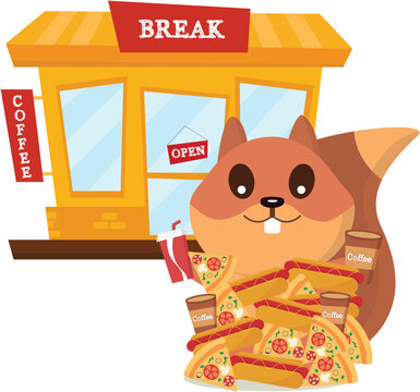 Squirrel with pizza, hot dog and coffee. Lunch Break. Vector graphics on the theme of food