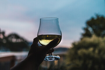 hand holding glass of white wine in front of window with backyard bokeh at sunset,  shot at shallow...