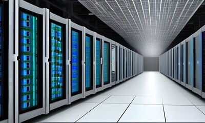 Shot of Corridor in Working Data Center Full of Rack Servers and Supercomputers with Cloud Storage Advantages Icon Visualisation (Generative AI)