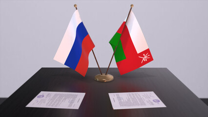 Oman and Russia national flag, business meeting or diplomacy deal. Politics agreement 3D illustration