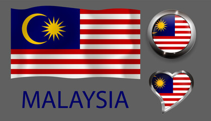  set nation Malaysia flag glossy button heart