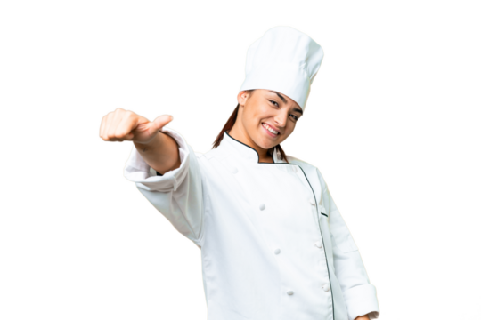 Young woman Chef over isolated chroma key background giving a thumbs up gesture