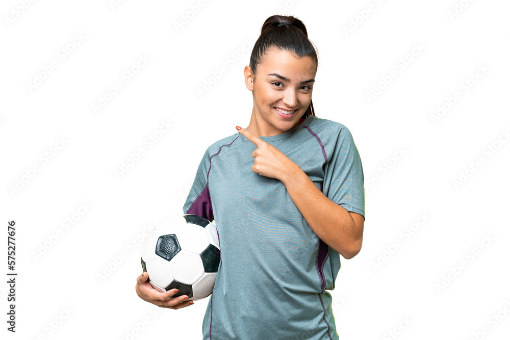 Poster Young football player Woman over isolated chroma key background pointing to the side to present a product