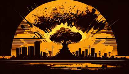 nuclear strike on city with mushroom cloud explosion, world war 3 theme, ai generated