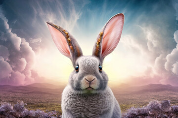 cute easter bunny in the grass, copy space, Generative AI