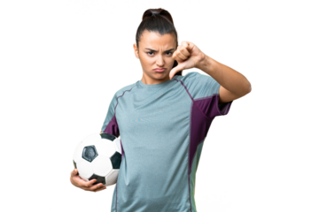 Young football player Woman over isolated chroma key background showing thumb down with negative expression