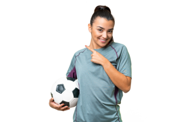 Young football player Woman over isolated chroma key background pointing to the side to present a product