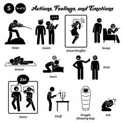 Stick figure human people man action, feelings, and emotions icons alphabet S. Snipe, snitch, snivel, snuffle, snoop, snooze, snort, snub, snore, snuff, snuggle, sleeping bag, and sob... - obrazy, fototapety, plakaty