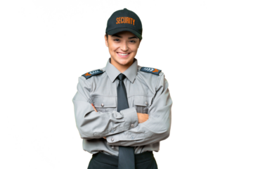 Young safeguard woman over isolated chroma key background keeping the arms crossed in frontal position