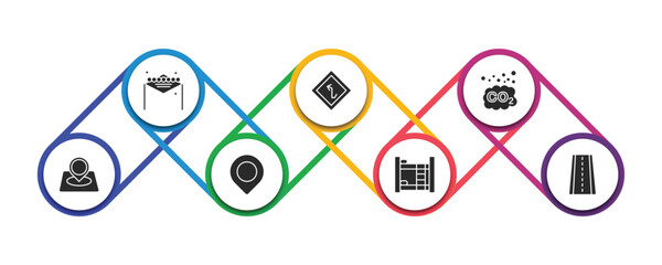 maps and flags collection. filled icons with infographic template. glyph icons such as las vegas, left intersection, co2, location marker, locato, dormitory, street vector. © IconArt