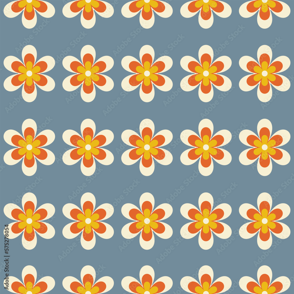 Poster abstract retro seamless pattern with geometric daisy flowers on a blue background. colorful groovy v