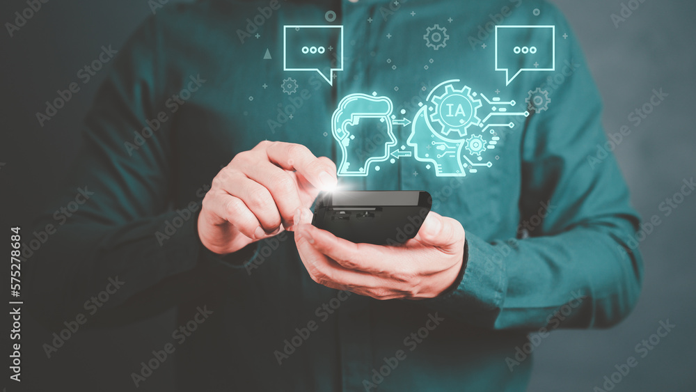Aufkleber ChatGPT Chat with AI, Artificial Intelligence. Adult man chatting with a smart AI or artificial intelligence using an artificial intelligence chatbot developed, Futuristic technology transformation.