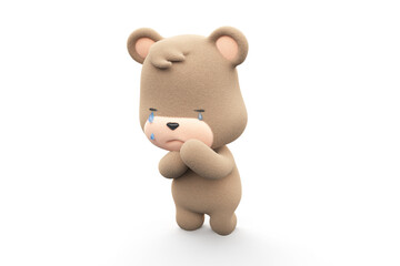 Sad and crying teddy bear. Teddy bear with tear dripping isolated on white background 3D Render.