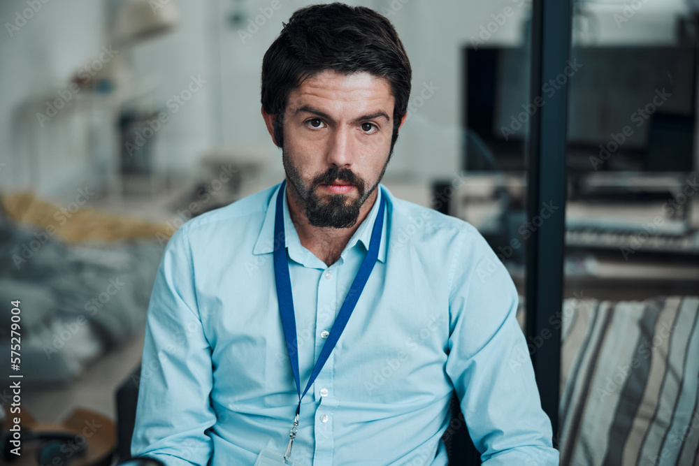 Poster Technician, programmer and portrait of a man in a office for engineering service, maintenance or repairs. Information technology, professional and serious male IT engineer working in a workshop.