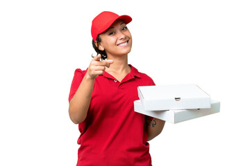 pizza delivery woman with work uniform picking up pizza boxes over isolated chroma key background...