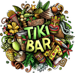 Tiki Bar detailed text lettering cartoon illustration