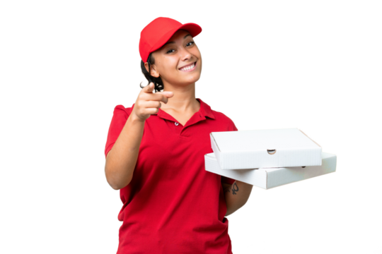 pizza delivery woman with work uniform picking up pizza boxes over isolated chroma key background pointing front with happy expression