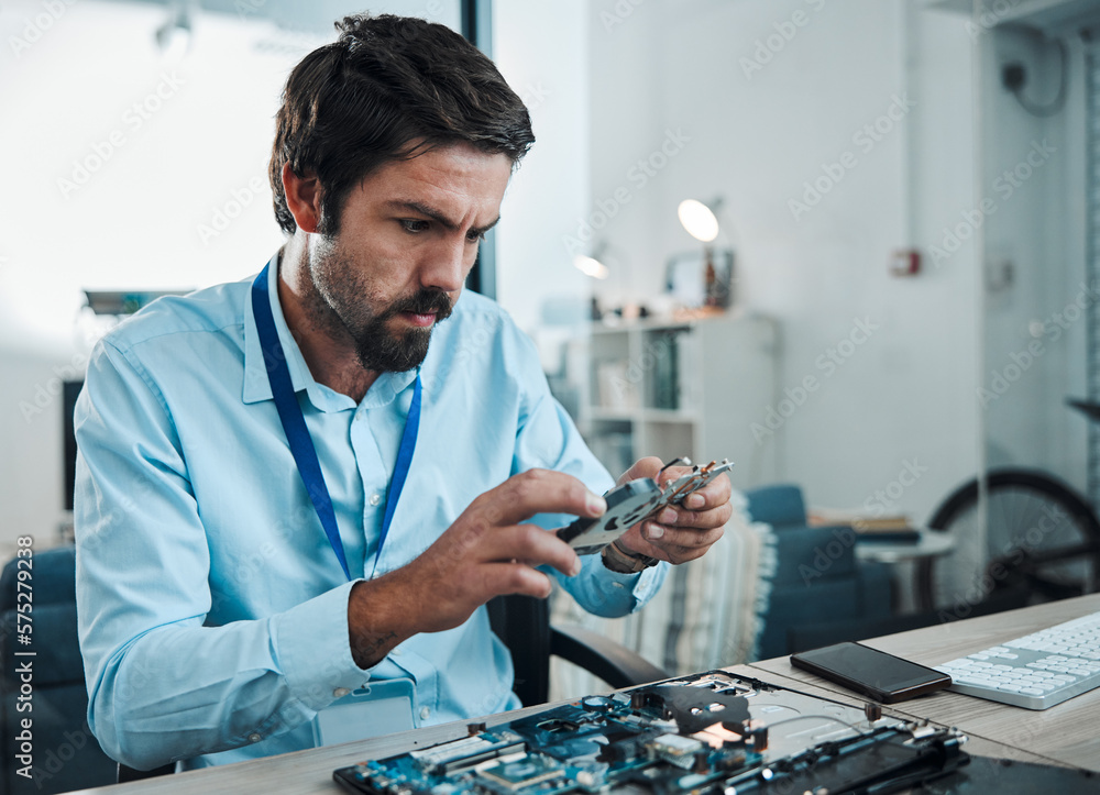 Poster man, circuit and hard drive in repair workshop for maintenance, computer tech or industry with focus