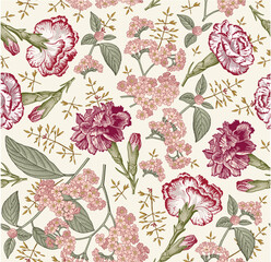 Seamless pattern. Beautiful blooming realistic isolated flowers. Vintage background fabric. Carnation clove Heliotrope wildflowers. Wallpaper baroque. Drawing engraving. Vector victorian illustration 