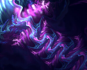 Abstract fractal art background with copy space. Liquid flow, like different fluids mixing. Or perhaps suggesting sound waves or vibrations. Neon colors.