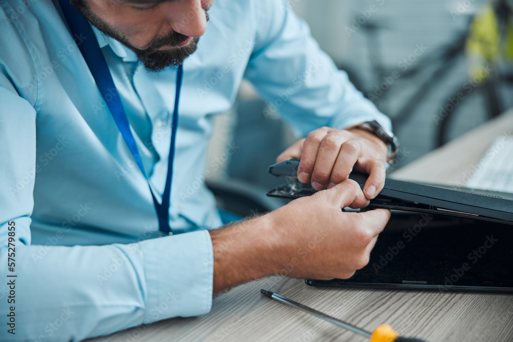 Poster Computer repair, programming and startup man technician working on cpu, circuit and microchip. IT maintenance, technology hardware and electrician engineer fix code, motherboard and processor