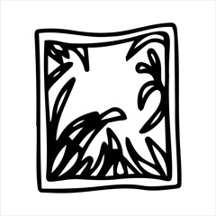 A picture with leaves in a frame. Vector black and white hand-drawn. Logo, clipart, template, sketch, icon.