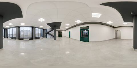 full seamless spherical hdri 360 panorama view in empty modern hall with columns, doors and panoramic windows in equirectangular projection, ready for AR VR content