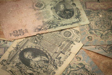Fototapeta na wymiar Background of Money of tsarist Russia. 100, 25, 5, 3 Rubles Banknote From Russian Empire, Rare Paper Money From 19th Century. Ruble Paper Banknote From Imperial Russia