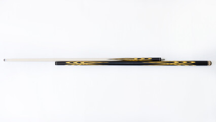Billiard cues on a white background. Parts of a billiard cue close-up. Live photos of a billiard cue
