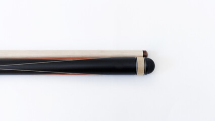 Billiard cues on a white background. Parts of a billiard cue close-up. Live photos of a billiard cue