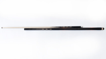 Billiard cues on a white background. Parts of a billiard cue close-up. Live photos of a billiard cue