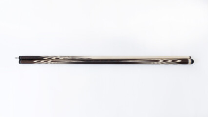 Billiard cues on a white background. Parts of a billiard cue close-up. Live photos of a billiard cue
