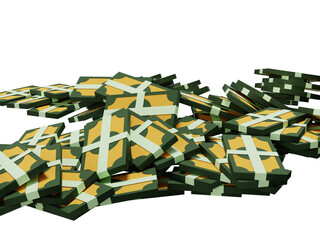 Money banknote bundles and bones piled and stacked on isolated background 3D render illustration