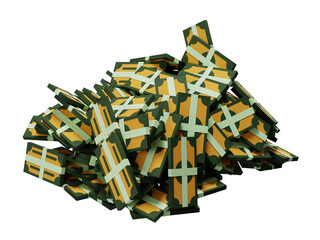 Money banknote bundles and bones piled and stacked on isolated background 3D render illustration