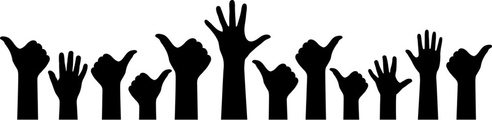 Human raised hands silhouette, wide vector banner