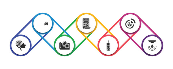 general filled icons with infographic template. glyph icons such as tape measure, news feed, market share, marketing budget, prototyping, laser measurement, water sensor vector.