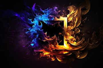 Abstract flud wavy flow with swirls purple and orange colored frame . Liquid motion, gas or smoke mysterious dark background. Fiery purple orange flames explosion