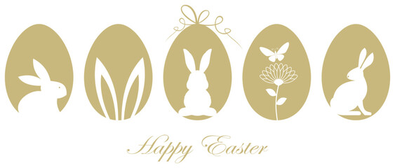 Oster Silhouette Vektor in Gold. Happy Easter Grüße.
Oster Dekoration mit Osterhase, Osterei, Blumen und Schmetterling.
Für Hintergründe, Kalender, Einladungen, Grußkarten etc.