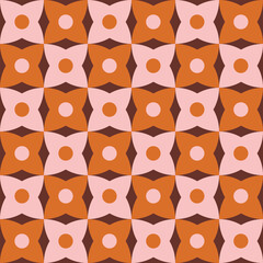 Retro vintage seamless pattern in style 70s, 80s. Trendy geometric background. Mid century art print. Pink and orange colors. Vector illustration