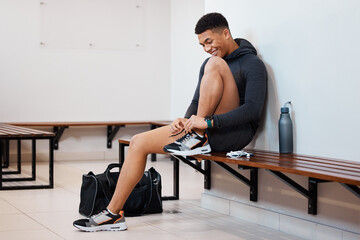 Fitness, tying shoes and black man in locker room for training, sports and gym workout. Exercise, health and start cardio with athlete and dressing sneakers for gear, wellness or ready for practice - obrazy, fototapety, plakaty