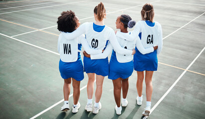 Netball team, sport on court and diversity, athlete group and training for game, girls outdoor and back view. College sports, students and teamwork exercise, competition and fitness with friends