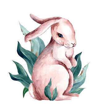 Watercolor illustration with cute rabbit. Isolated on white background. Hand clipart. Ideal for postcards, postcards, tags, invitations, printing, packaging