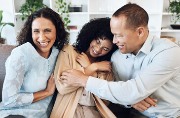 Fototapeta na wymiar Mature parents, black family and daughter hug together on sofa for love, bonding and fun with happy mother portrait. Excited, funny and laughing USA people or woman with mom and dad on couch at home