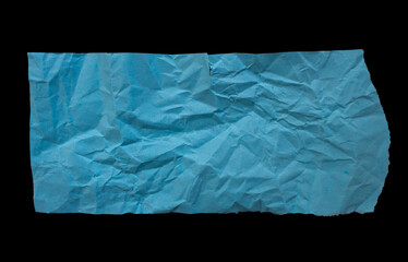 Crumpled blue paper piece isolated on a black background. Wrinkled paper sheet.