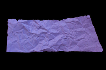 Crumpled purple paper piece isolated on a black background. Wrinkled paper sheet.