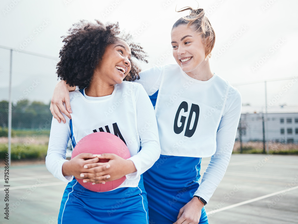 Wall mural Fitness, netball and women on court, conversation and excited for match, teamwork and training. Friends, athletes and players with ball, planning for game and discussion for workout and practice