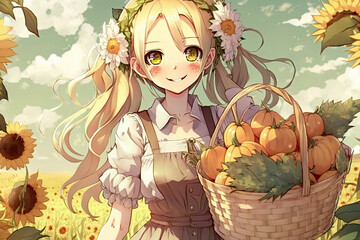young girl with a wicker basket full of small cresses, sunflowers, anime