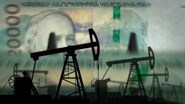 Armenia money Armenian Dram money counting machine with oil pump. Petroleum rig and fuel energy business with AMD banknotes count. Economy abstract concept background loopable seamless 3d.