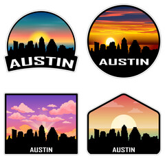 Austin Texas USA Skyline Silhouette Retro Vintage Sunset Austin Lover Travel Souvenir Sticker Vector Illustration SVG EPS AI