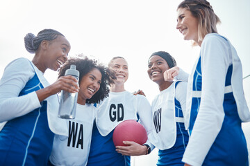 Happy netball team or group of woman with funny sports conversation and discussion of training or...